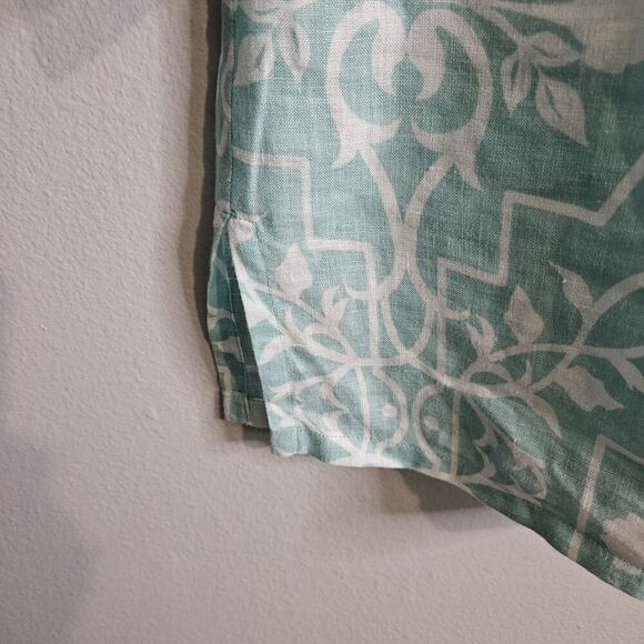 Charter Club Linen Top Womens L Aqua Blue White Floral Tunic Boho Coastal Beachy - Picture 6 of 9
